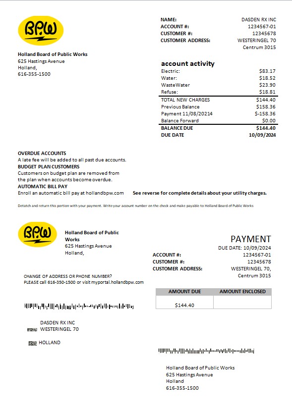 Netherlands BPW business utility bill template in Word and PDF format